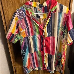 Johnny Was Silk summer Striped Floral button up Shirt size XL
